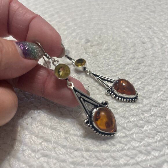 Gorgeous AMBER & CITRINE Handmade Sterling 925 Dangle Earrings #238D - Picture 1 of 3